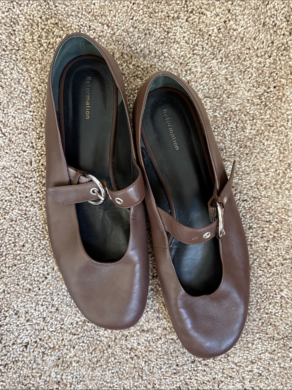 Reformation Brown Leather Mary Jane Flats with Silver Buckle